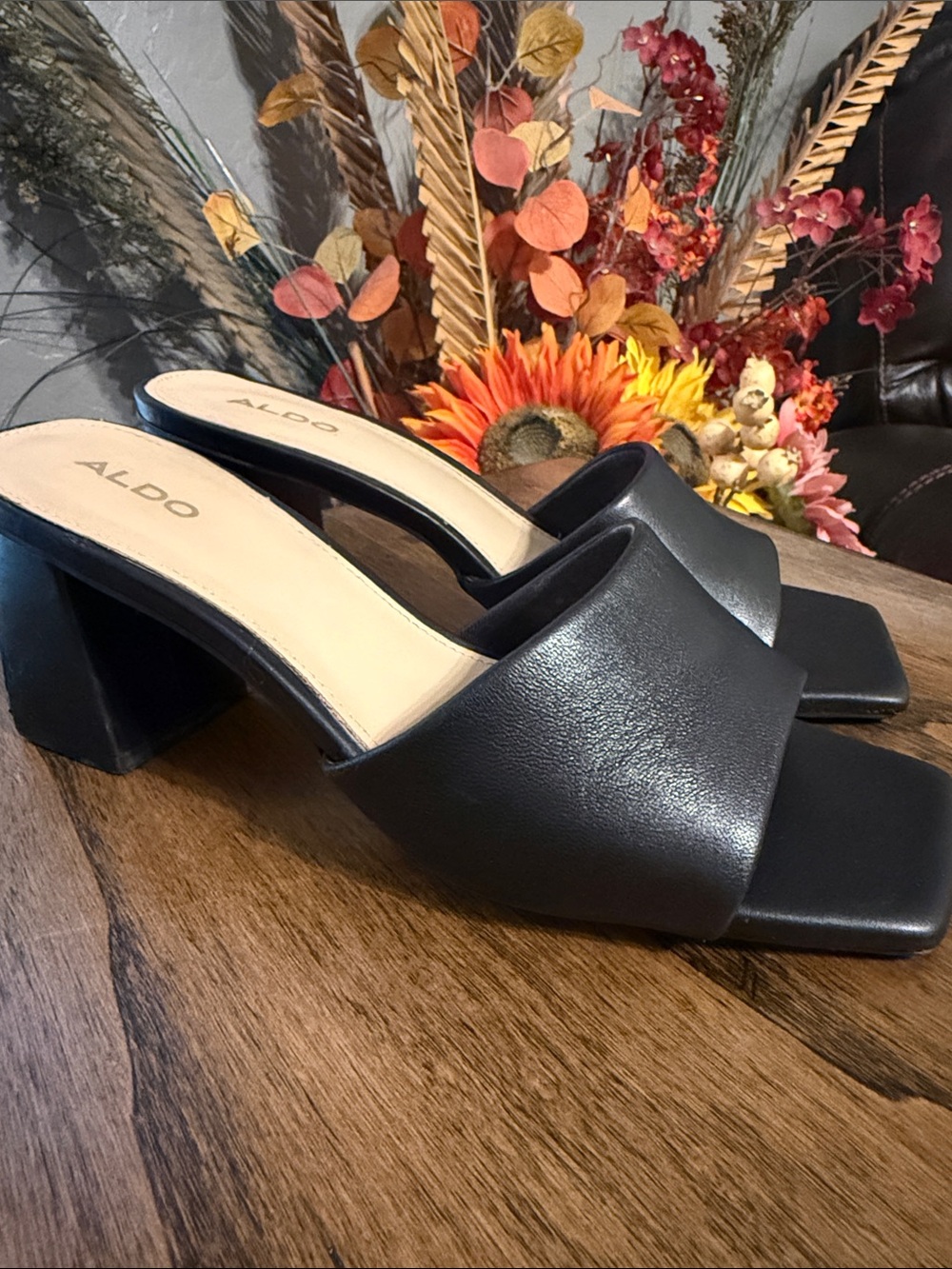 ALDO Black Leather Square Toe Block Heel Mules